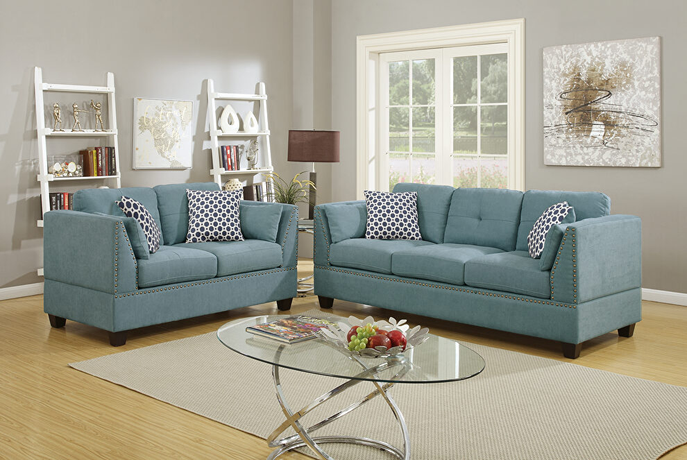 Hydra blue velveteen fabric sofa and loveseat set by Poundex