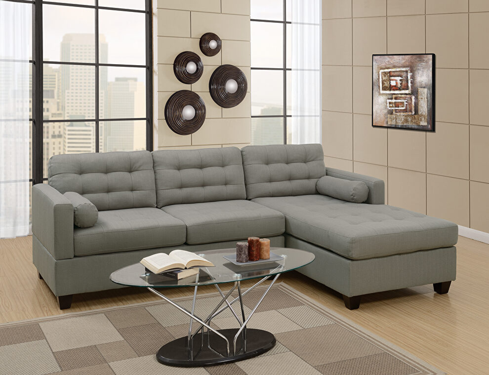 Gray polyfiber 2-pcs sectional sofa w/ tufted backs by Poundex