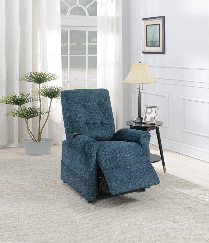 Dark blue chenille power lift chair w/ controller by Poundex