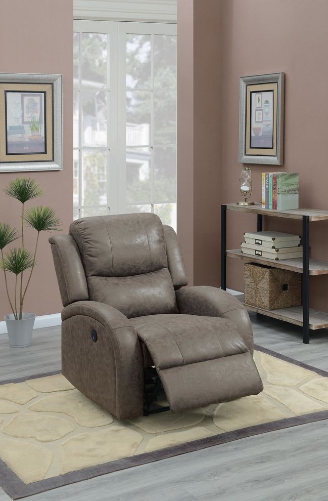 Power recliner chair in coffee leather-like fabric by Poundex