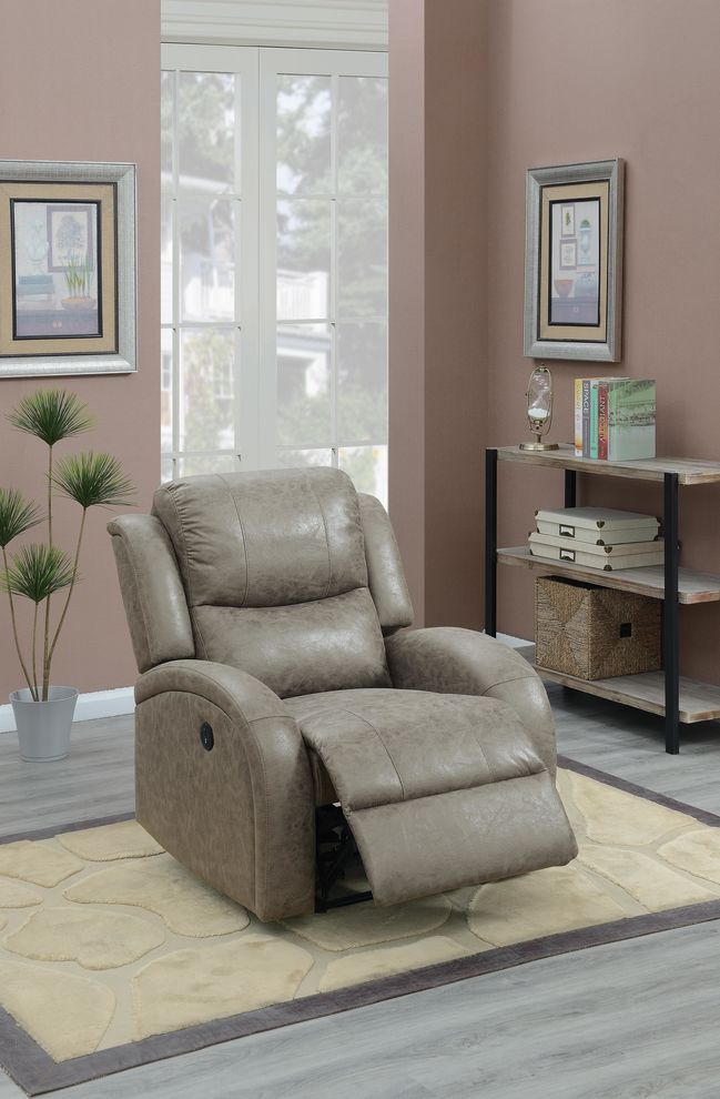 Power recliner chair in stone leather-like fabric by Poundex