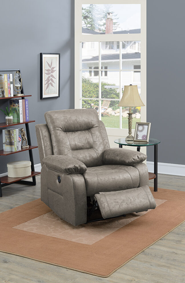 Power recliner chair in stone leather-like fabric by Poundex
