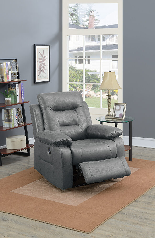 Power recliner chair in gray leather-like fabric by Poundex