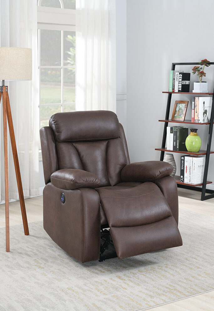 Power recliner chair in dark brown breathable leatherette by Poundex