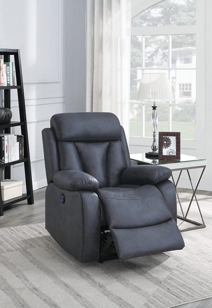 Power recliner chair in ink blue breathable leatherette by Poundex