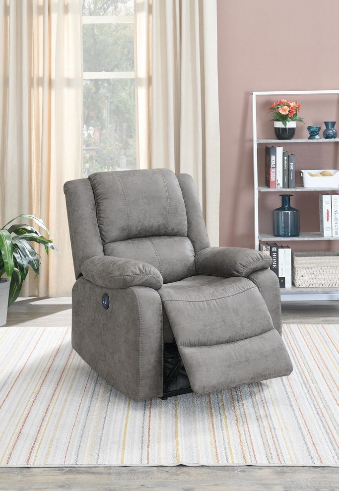 Antique gray leatherette power recliner chair by Poundex