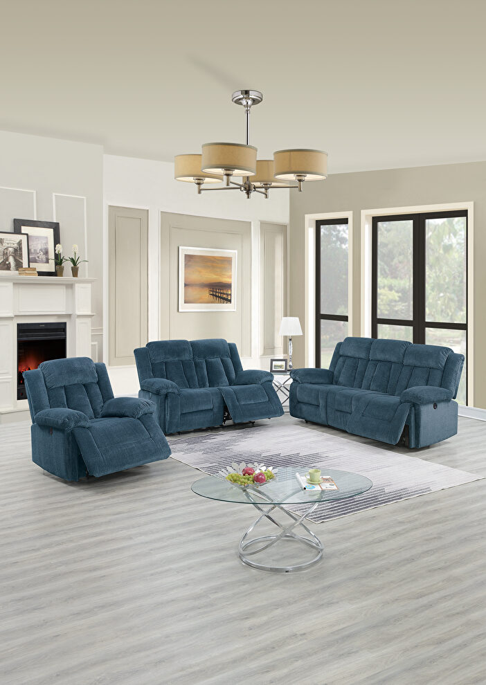 Power motion recliner sofa in dark blue chenille by Poundex