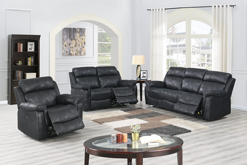 Power motion recliner sofa in black leather-like fabric by Poundex
