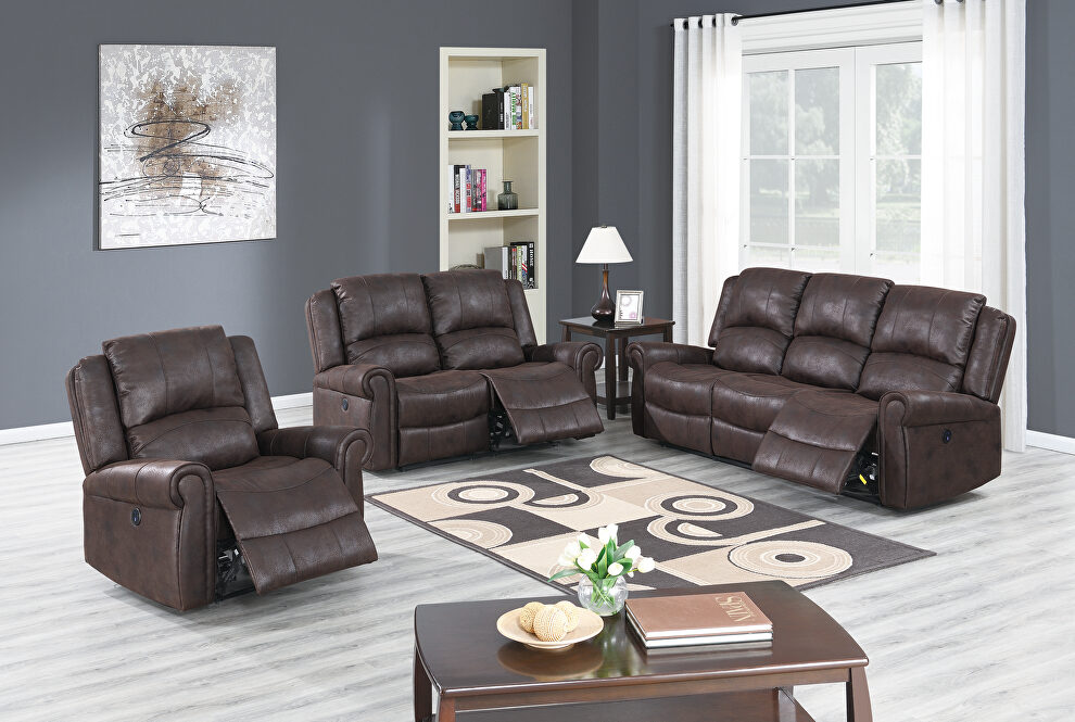 Power motion recliner sofa in dark brown leather-like fabric by Poundex