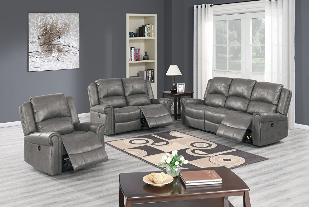 Power motion recliner sofa in antique gray leather-like fabric by Poundex