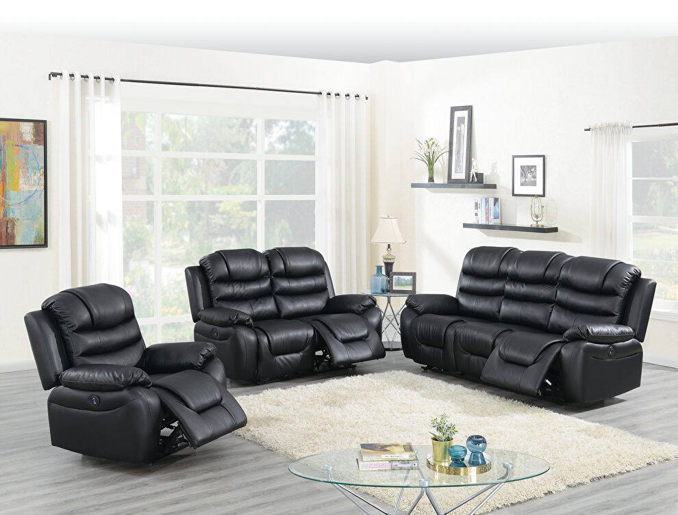 Power motion recliner sofa in black breathable leatherette by Poundex