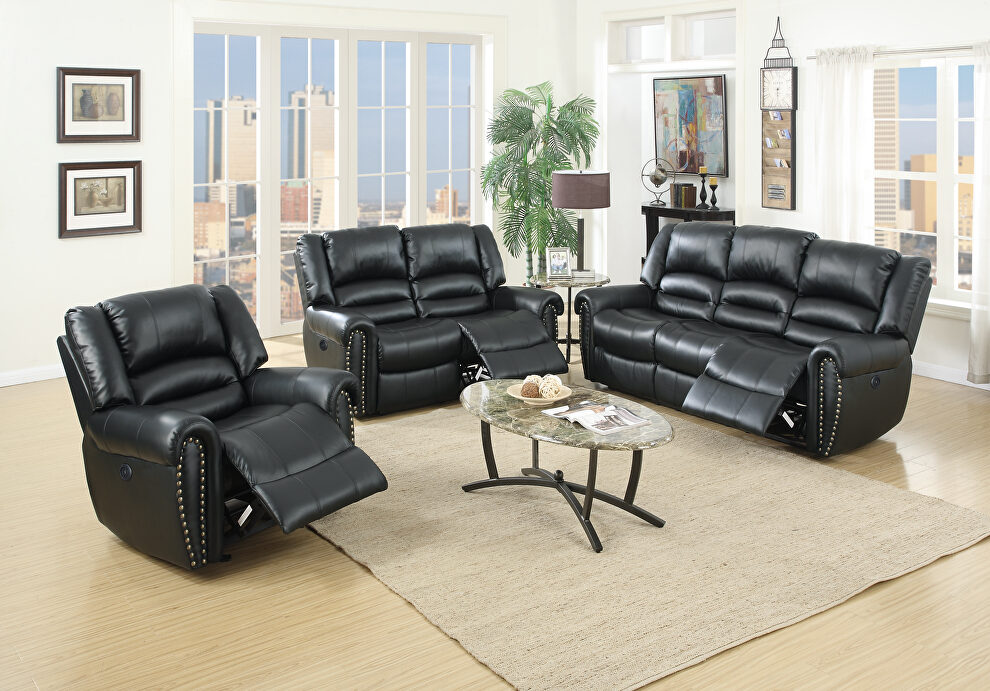 Power motion recliner sofa in black bonded leather by Poundex
