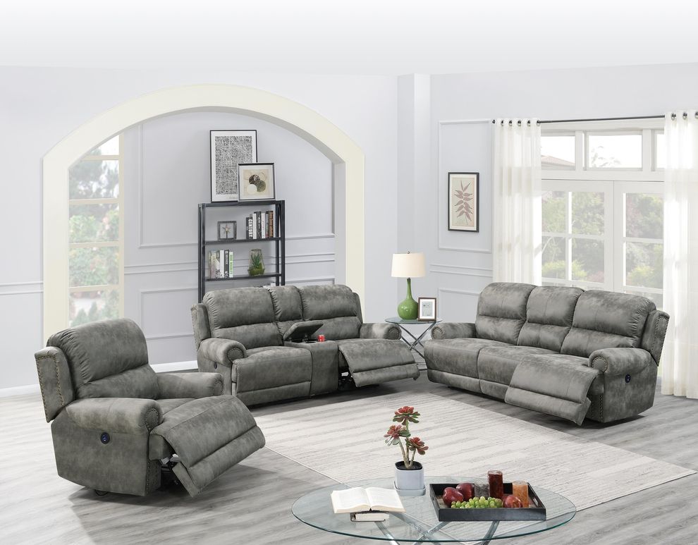 Slate gray leatherette power recliner sofa by Poundex