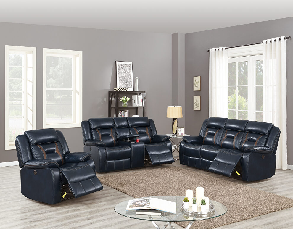Power motion recliner sofa in ink blue gel leatherette by Poundex
