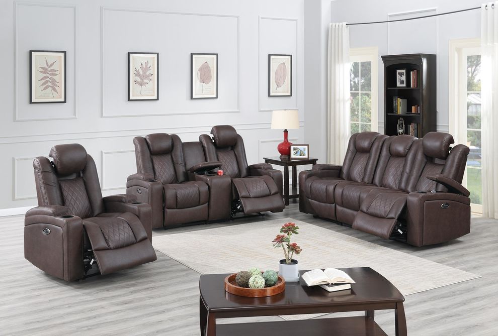 Dark brown power recliner sofa w/ adjustable headrests by Poundex