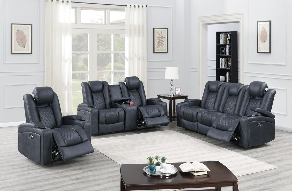 Ink blue power recliner sofa w/ adjustable headrests by Poundex
