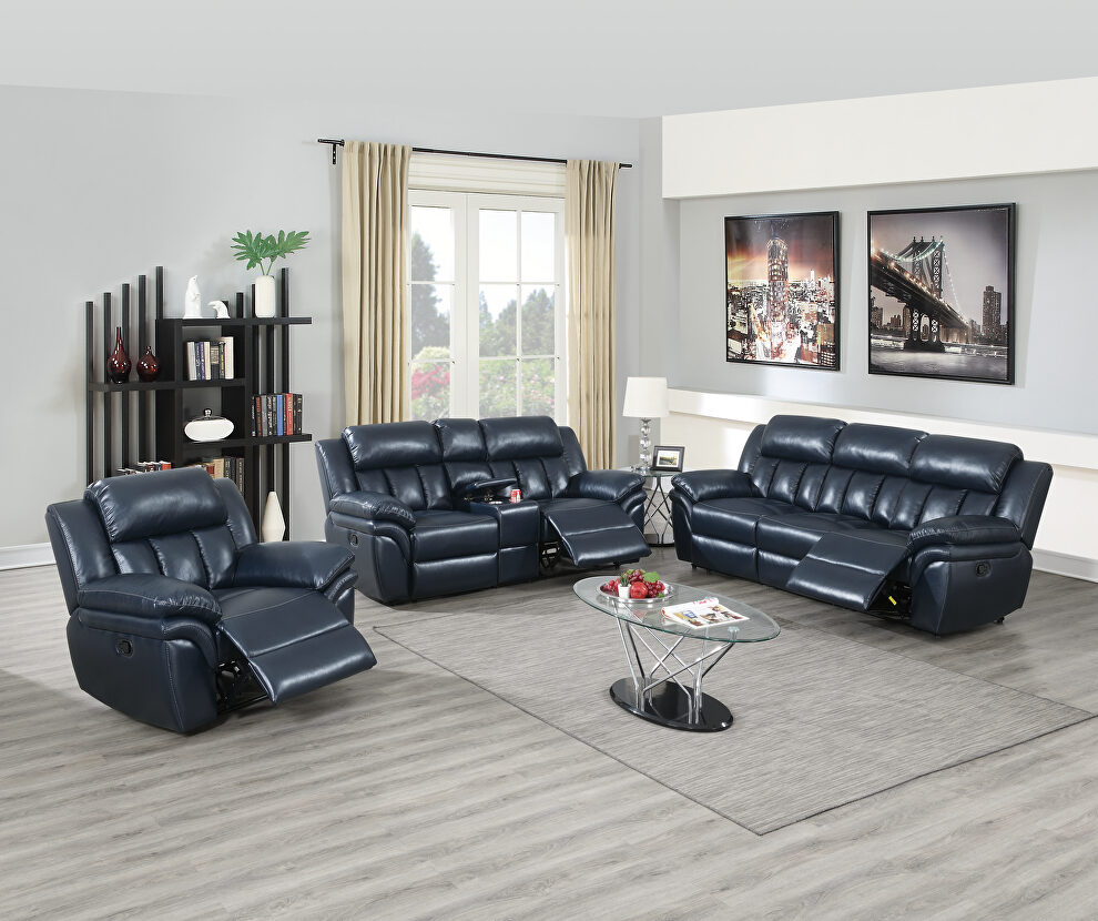 Power motion recliner sofa in navy blue gel leathere by Poundex