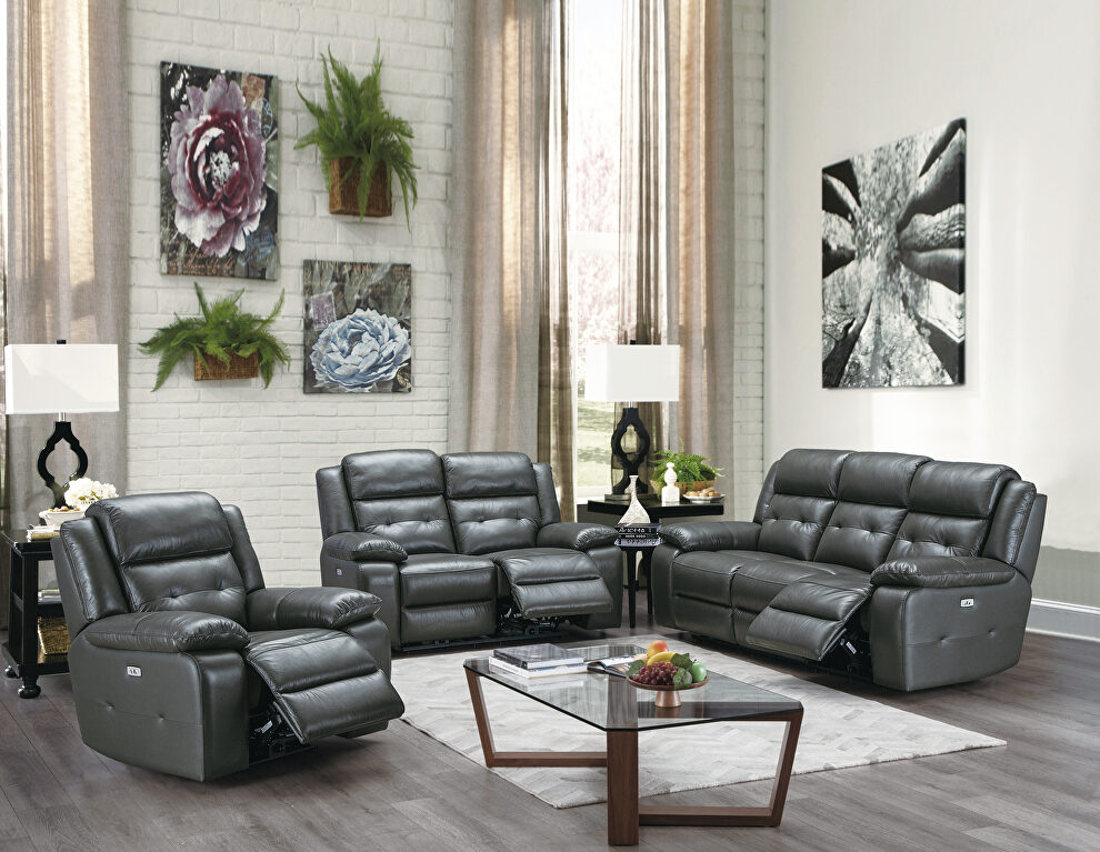 Power recliner sofa in slate gray top grain leather match by Poundex