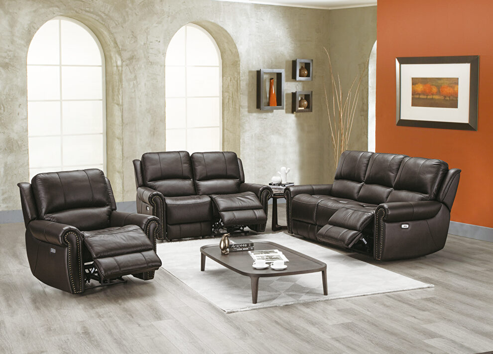 Power motion recliner sofa in espresso top grain leather match by Poundex
