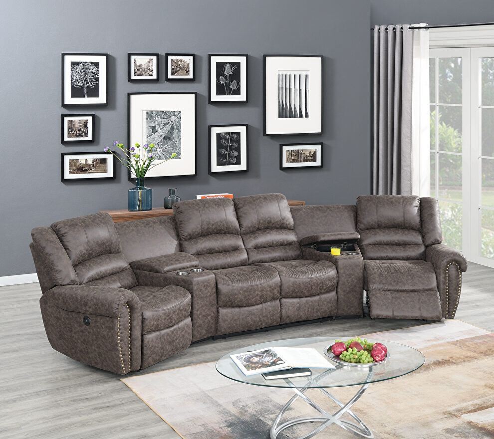 Taupe palomino fabric power motion 5-pc / theater sectional by Poundex