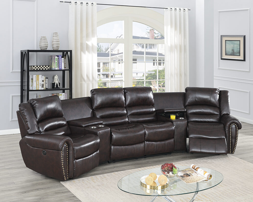Brown bonded leather power motion 5-pc / theater sectional by Poundex
