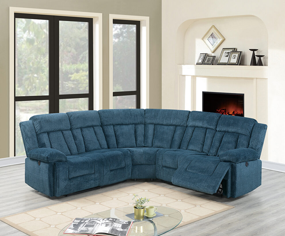 Dark blue chenille power motion 3-pc reclining sectional sofa by Poundex