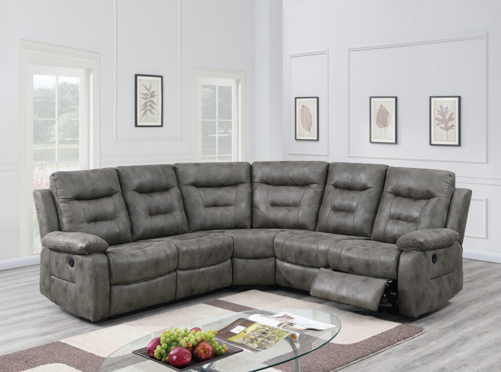 Antique gray leather-like fabric power motion 3-pc reclining sectional sofa by Poundex
