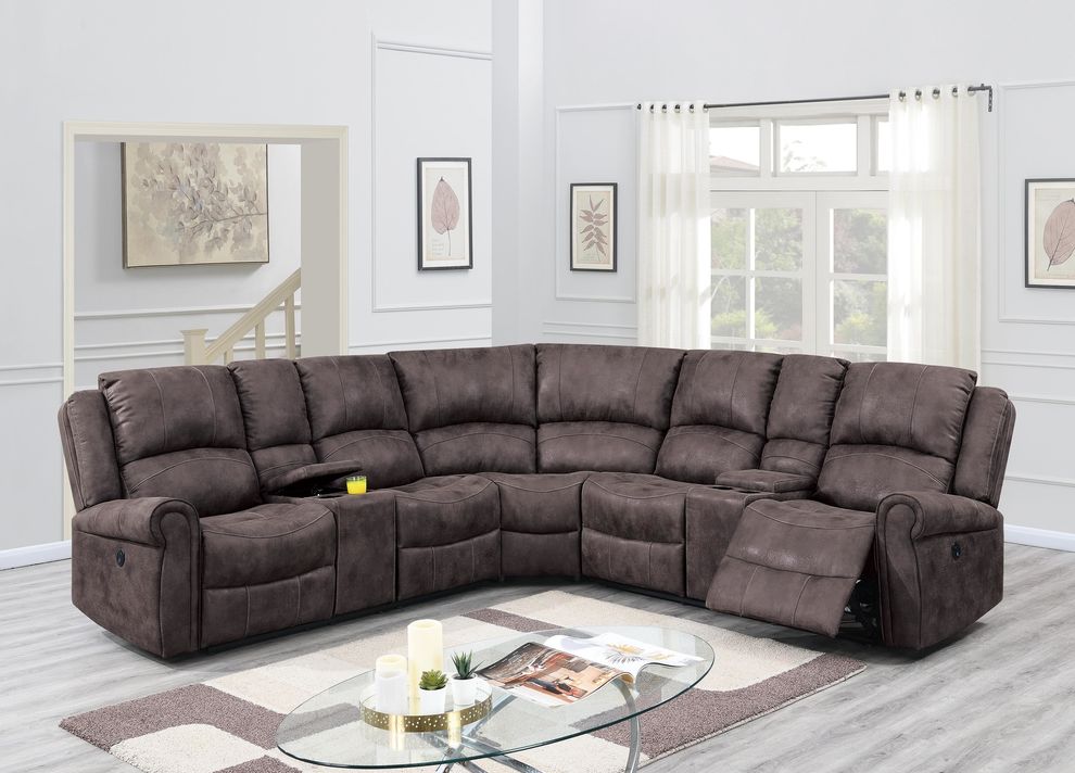 Dark brown leather-like fabric power recliner sectional by Poundex