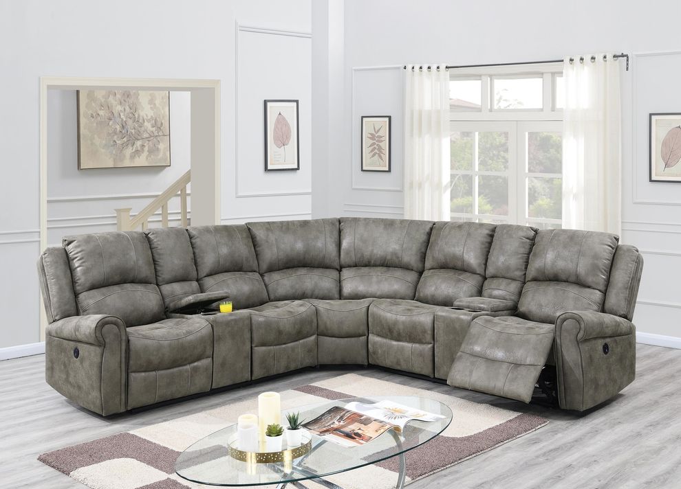 Antique gray leather-like fabric power recliner sectional by Poundex
