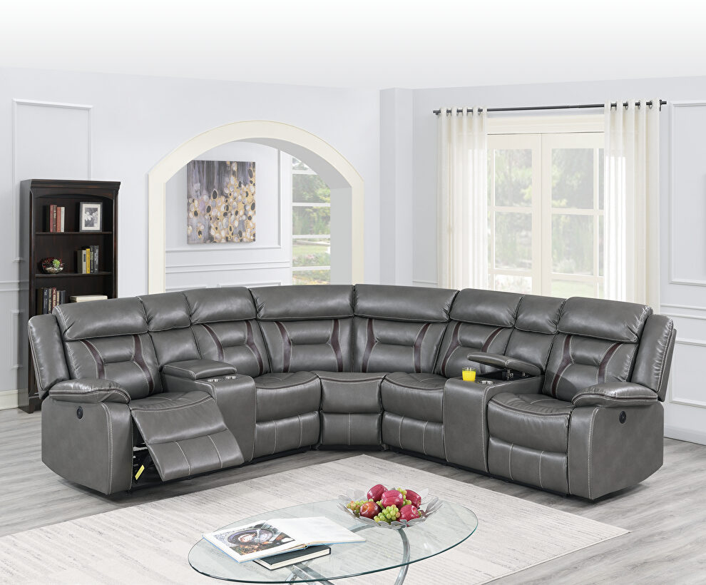 Gray gel leather power motion 3-pc reclining sectional sofa by Poundex