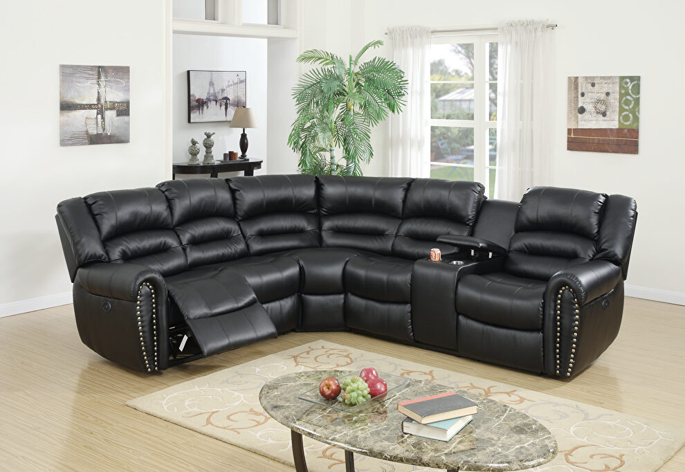 Black bonded leather power recliner sectional sofa by Poundex
