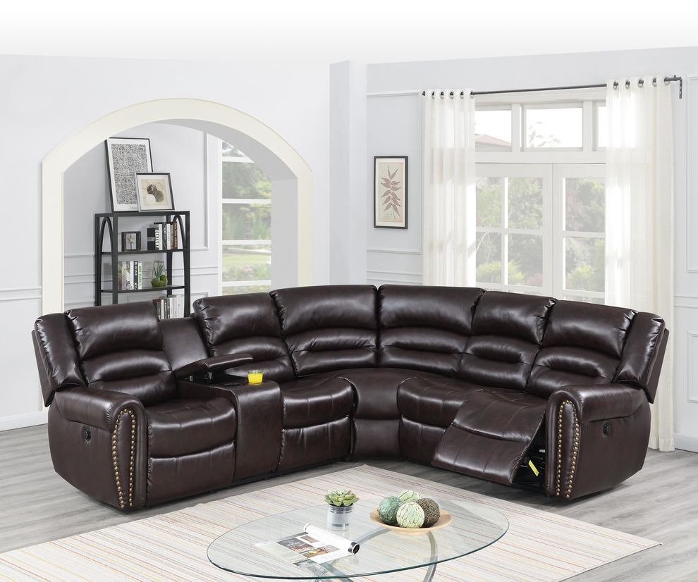 Brown bonded leather power recliner sectional sofa by Poundex