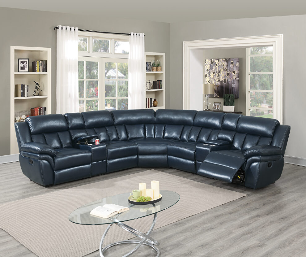 Navy blue gel leather power motion 3-pc reclining sectional sofa by Poundex