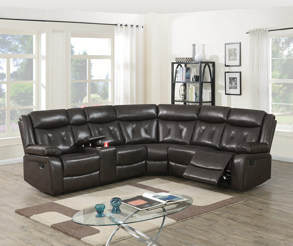 Dark brown gel leatherette power motion 3-pc reclining sectional sofa by Poundex