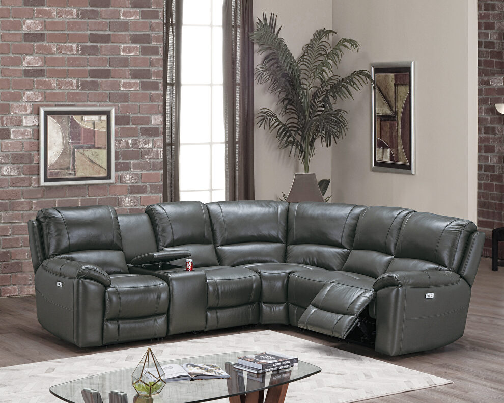 Slate gray top grain leather power motion 3-pc reclining sectional sofa by Poundex