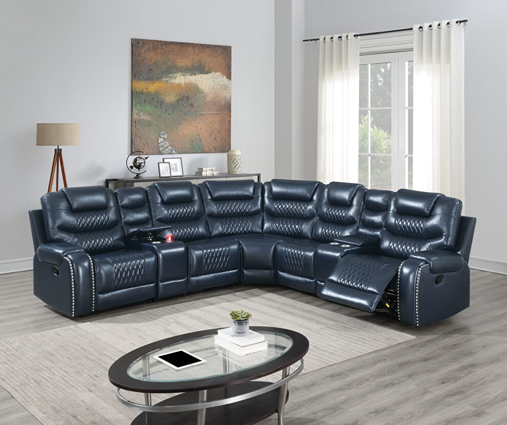 Handle motion 3-pc reclining sectional set in navy blue gel leatherette by Poundex