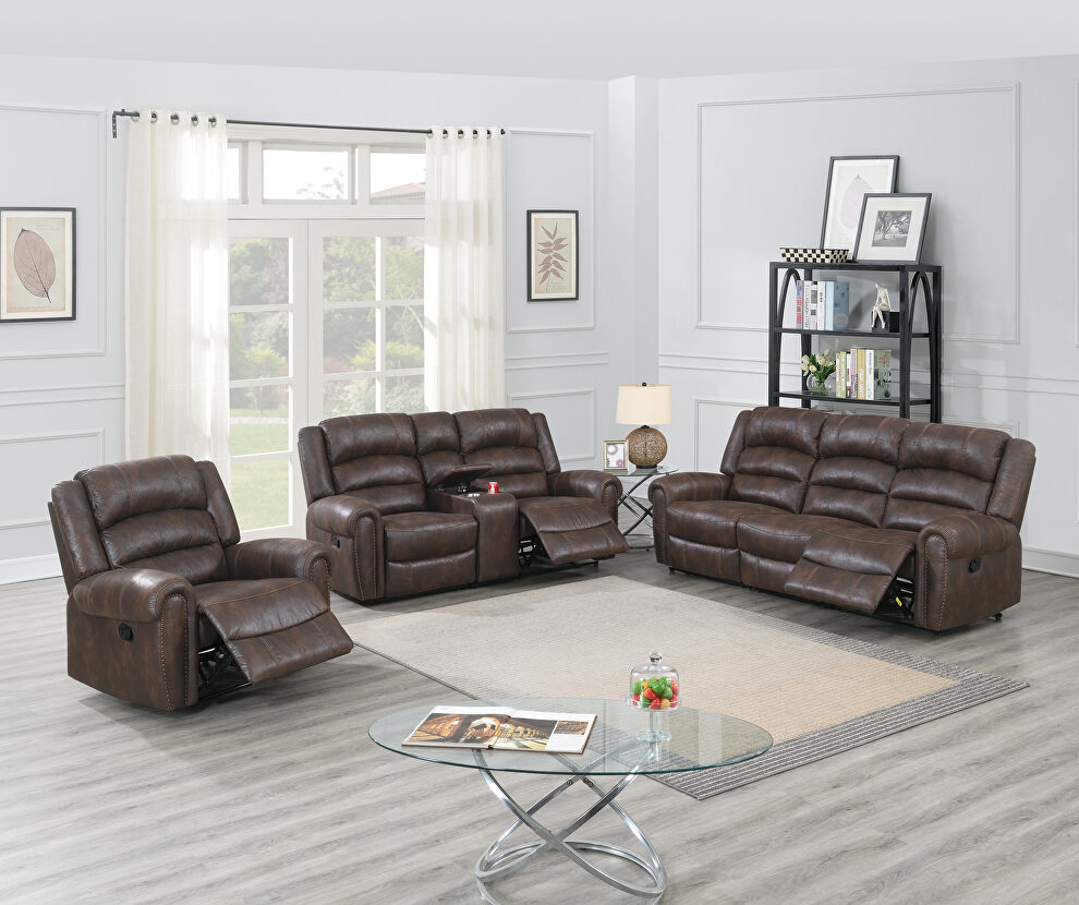 Handle motion recliner sofa in chocolate leather-like fabric by Poundex