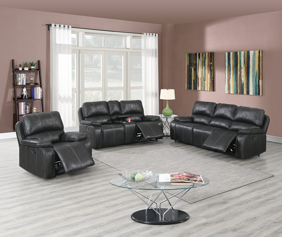 Handle motion recliner sofa in black leather-like fabric by Poundex