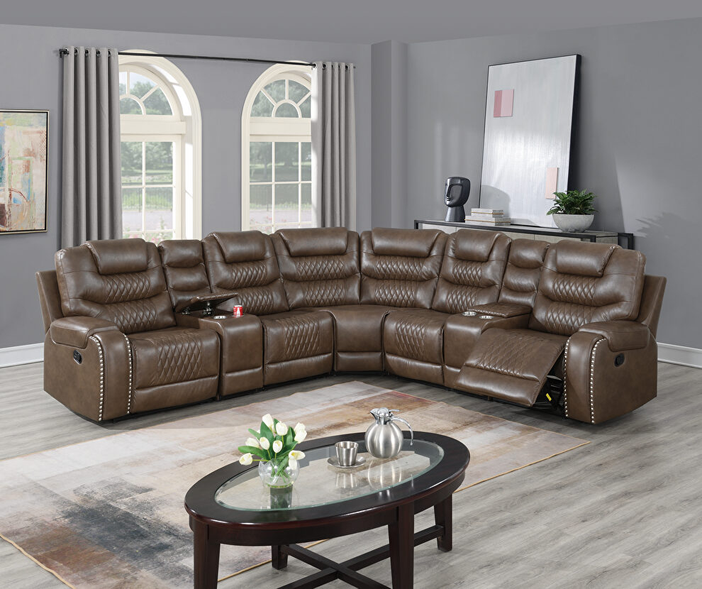 Handle motion 3-pc reclining sectional set in brown gel leatherette by Poundex