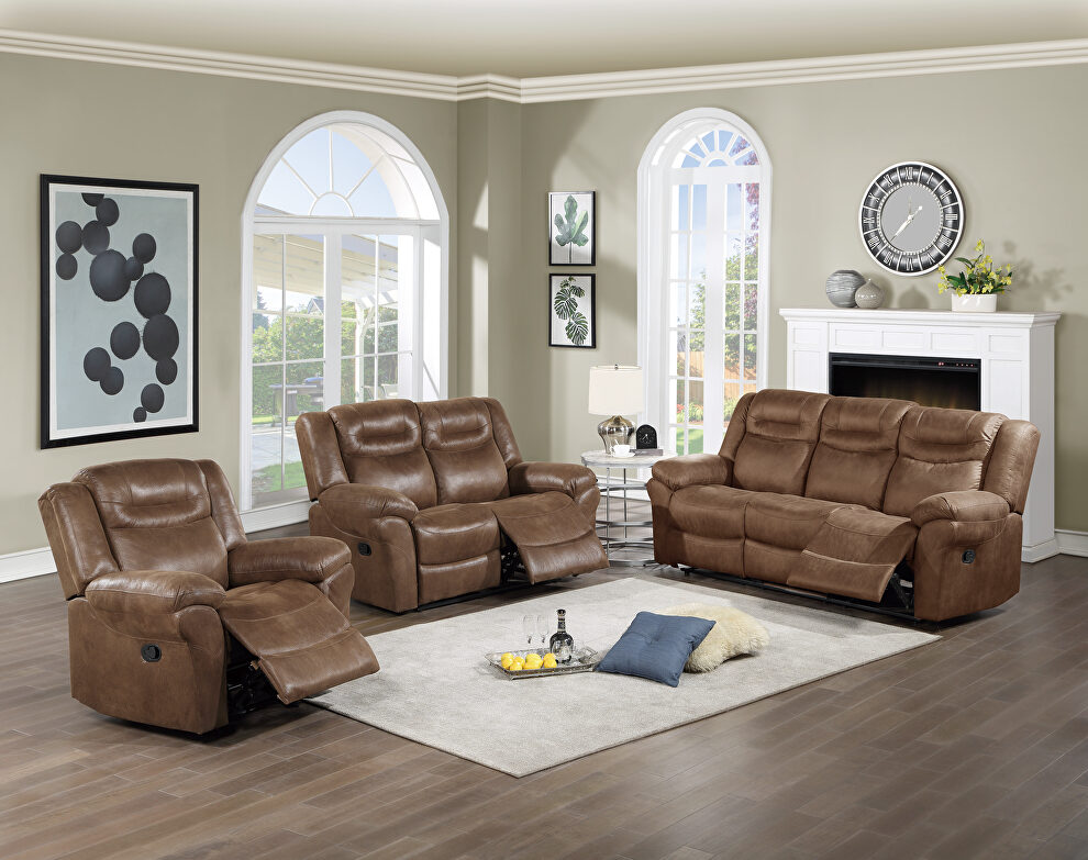 Handle motion recliner sofa in dark brown breathable leatherette by Poundex