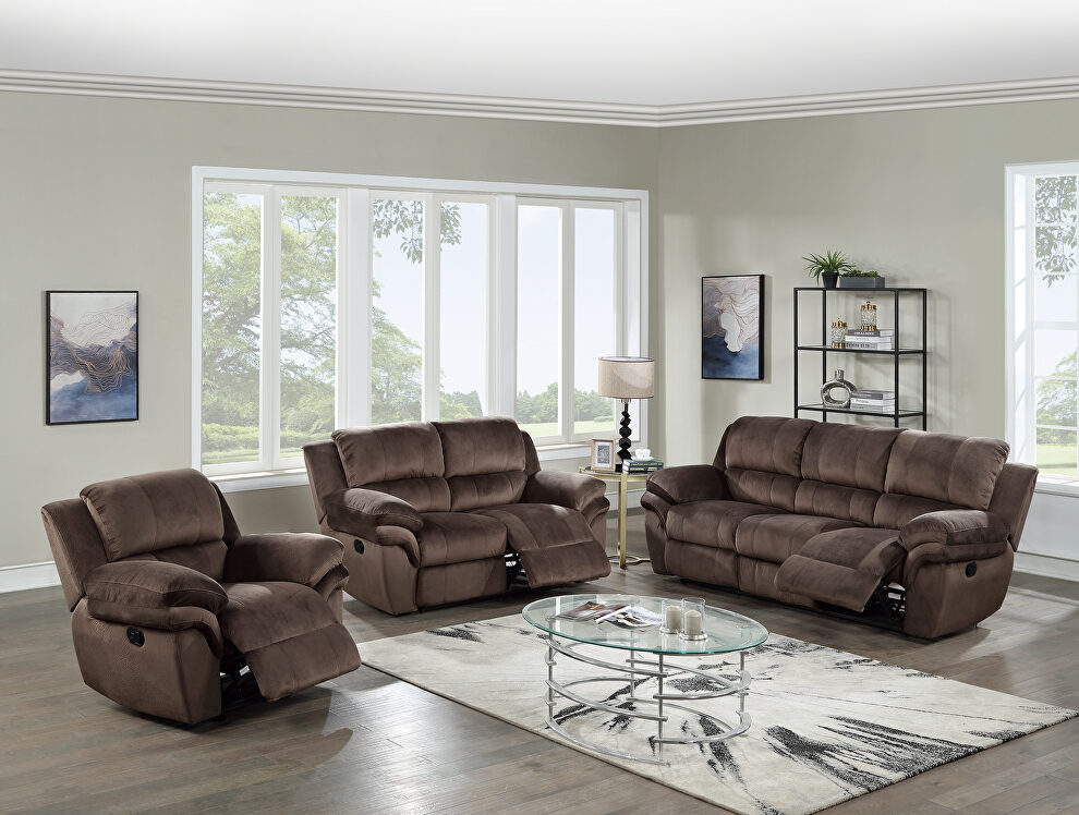 Handle motion recliner sofa in chocolate padded suede by Poundex