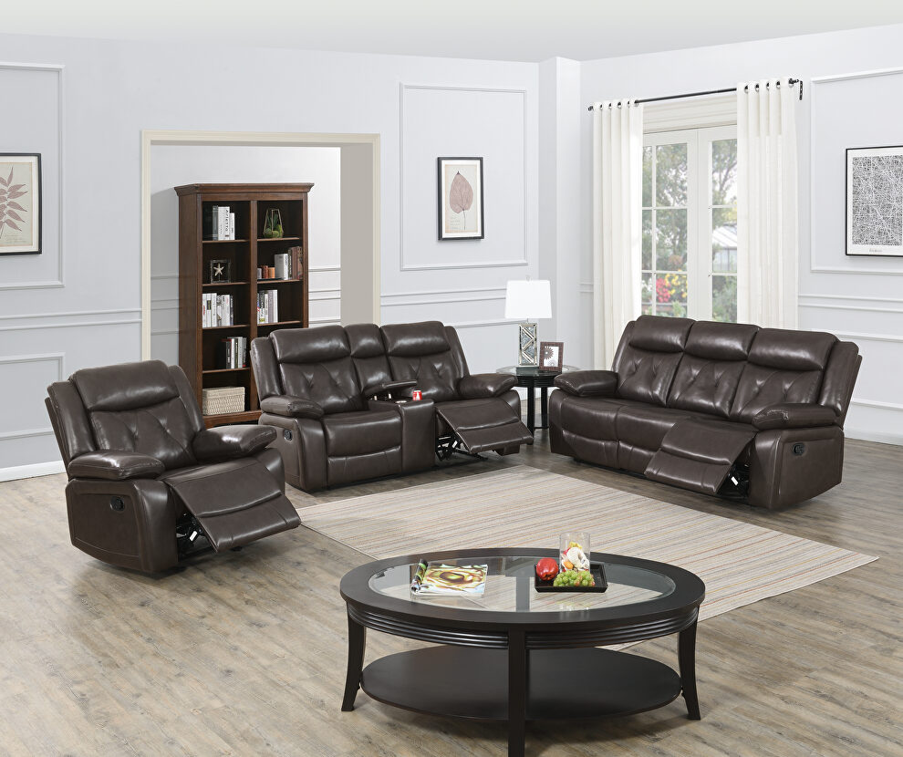 Handle motion recliner sofa in dark brown gel leatherette by Poundex