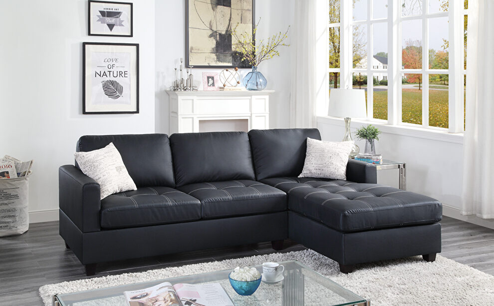 Black faux leather 2-pcs sectional sofa by Poundex