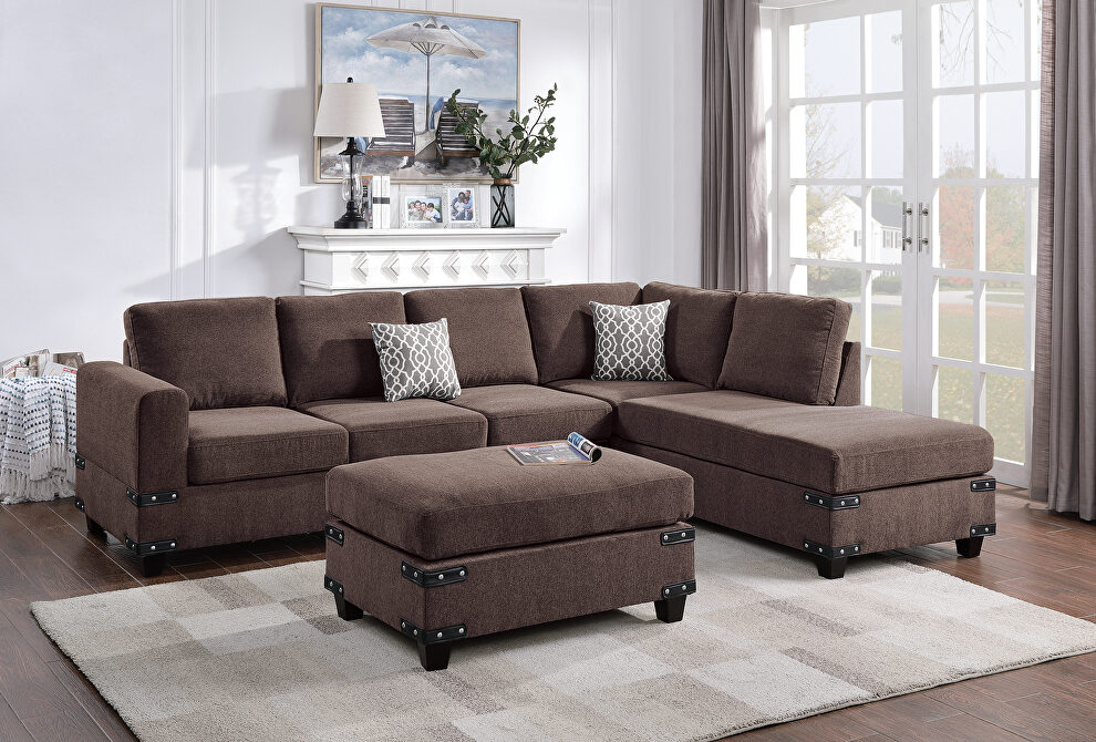Chocolate chenille upholstery 3-pc sectional set by Poundex
