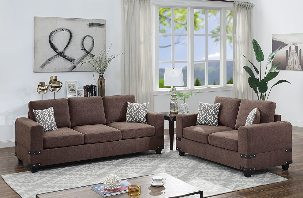 Chocolate chenille sofa and loveseat set by Poundex