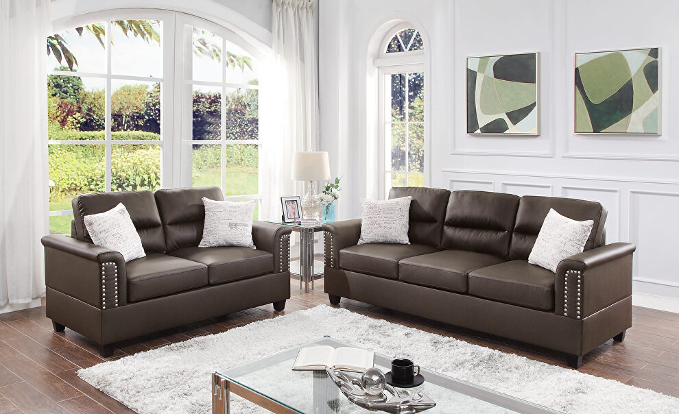 Espresso faux leather sofa and loveseat set w/ rounded arms by Poundex