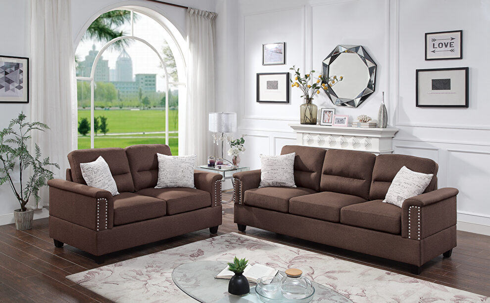Chocolate polyfiber (linen-like fabric) sofa and loveseat set by Poundex