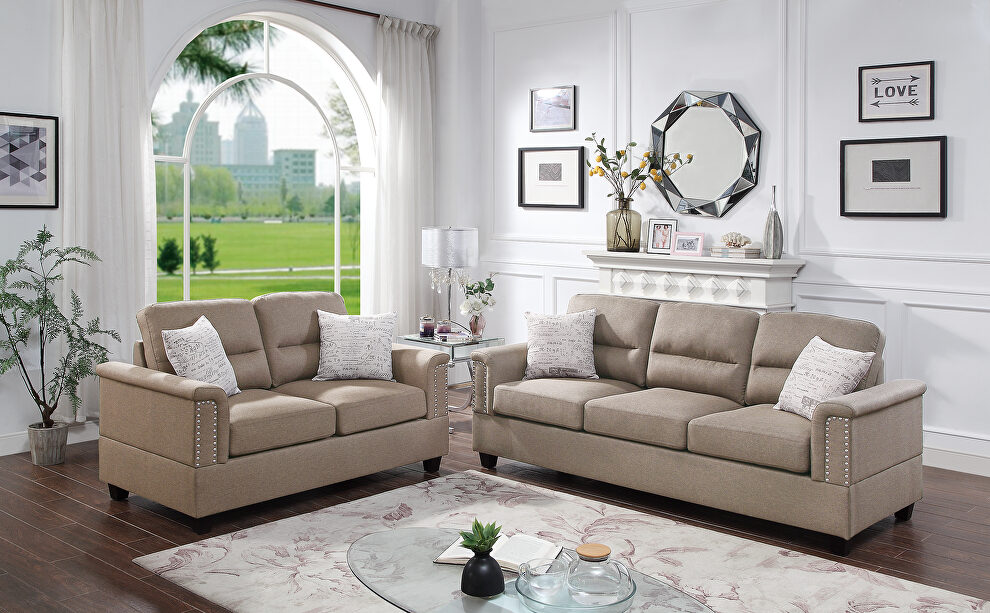 Sand polyfiber (linen-like fabric) sofa and loveseat set by Poundex