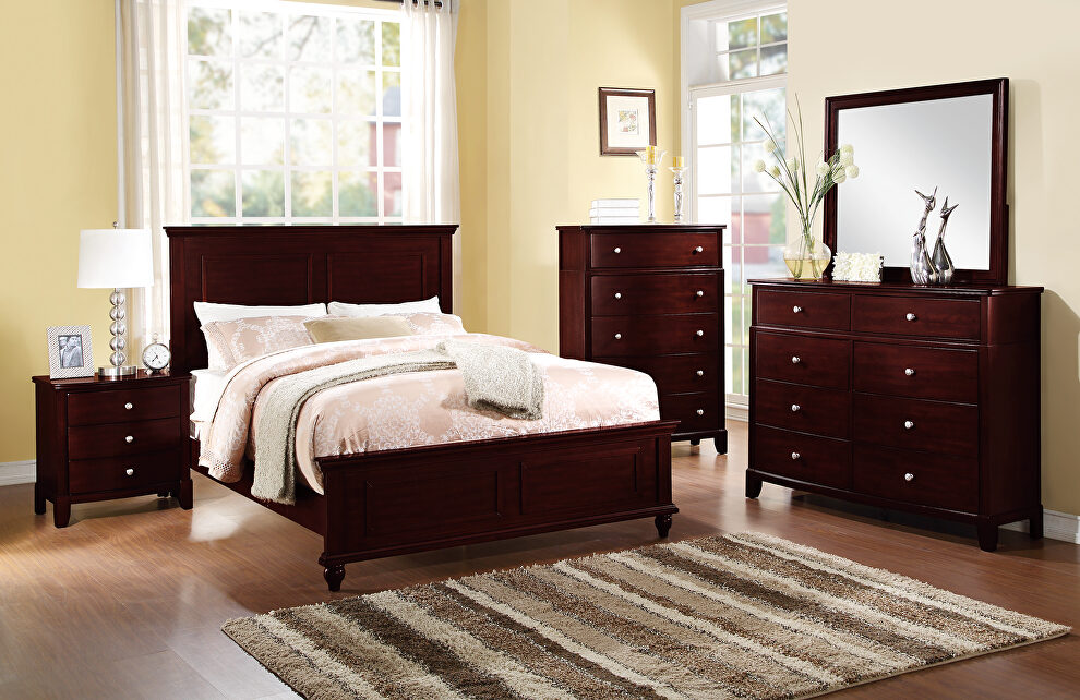 Dark cherry finish queen bed in casual style by Poundex