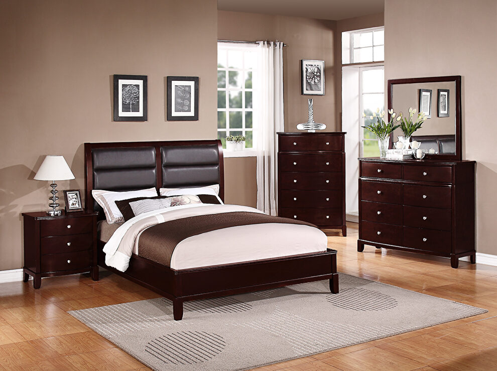 Dark cherry finish king bed with boxed faux leather headboard by Poundex